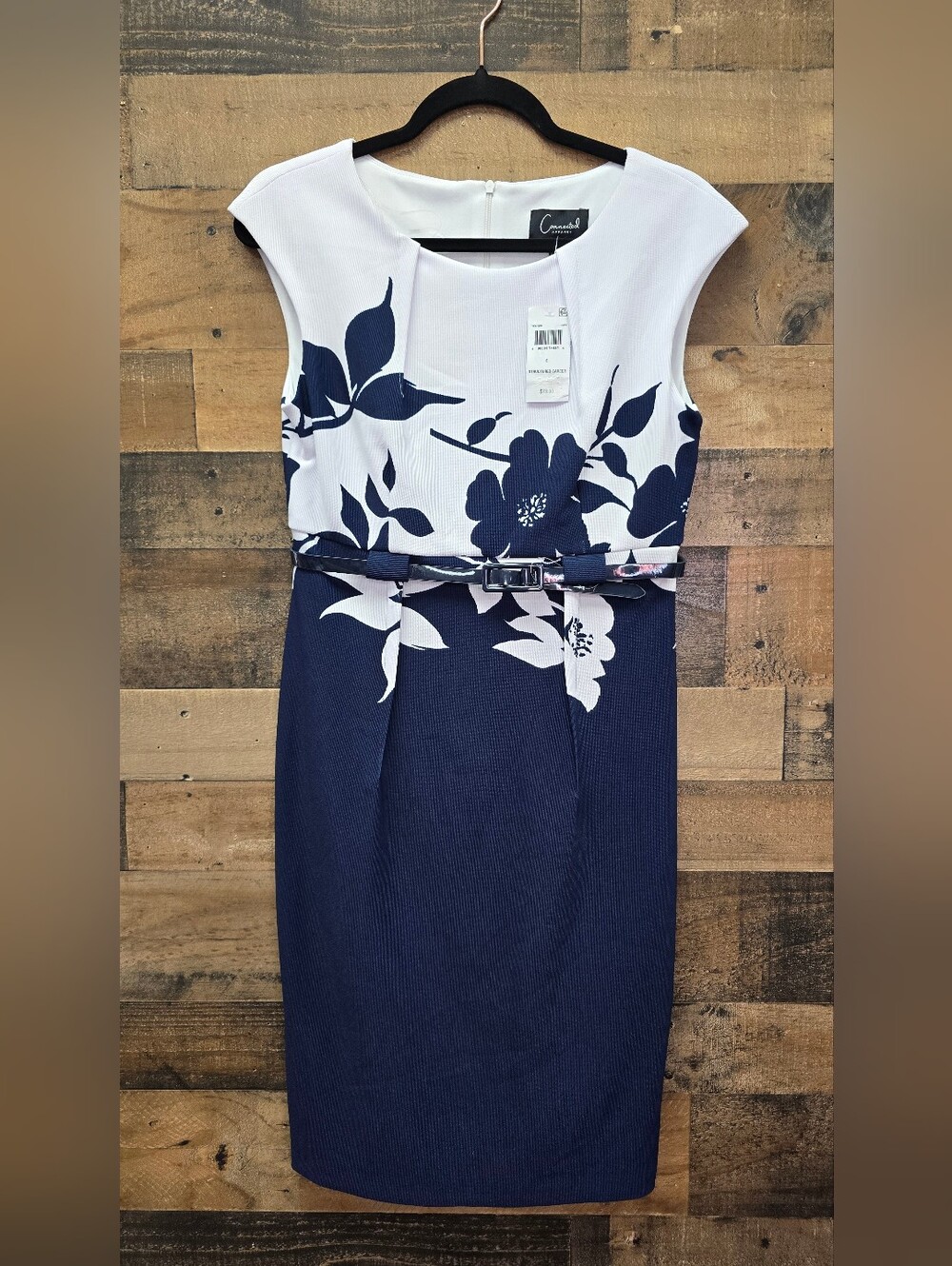 Connected apparel Navy and White Floral Belted Sheath Dress Size 6